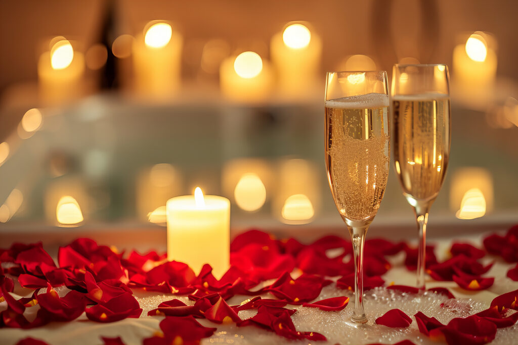 A bubble bath with candles, rose petals and two champagne glasses