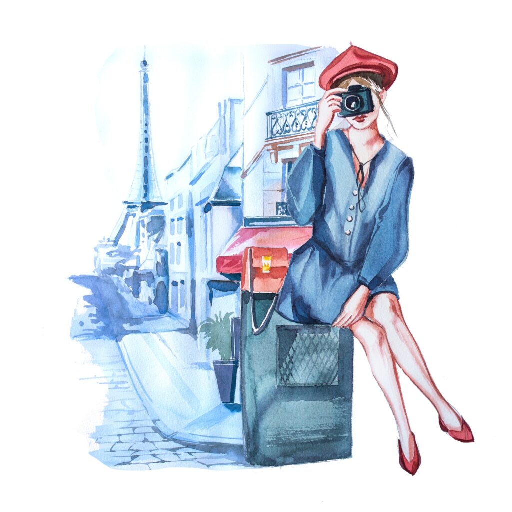 A confident traveler embraces Parisian culture, armed with fashionable phrases that enhance her travel experience.