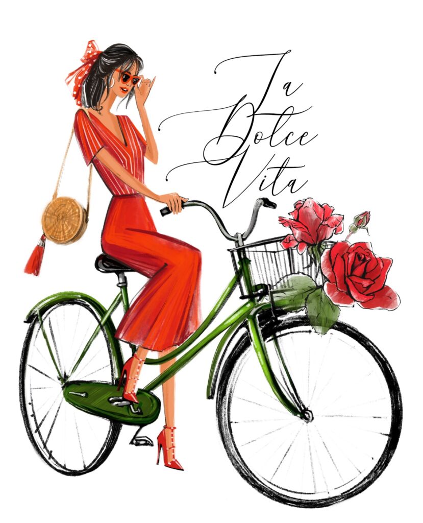 A caricature of a stylish woman wearing a red dress as she cycles through a picturesque Italian landscape, embodying the spirit of la dolce vita.