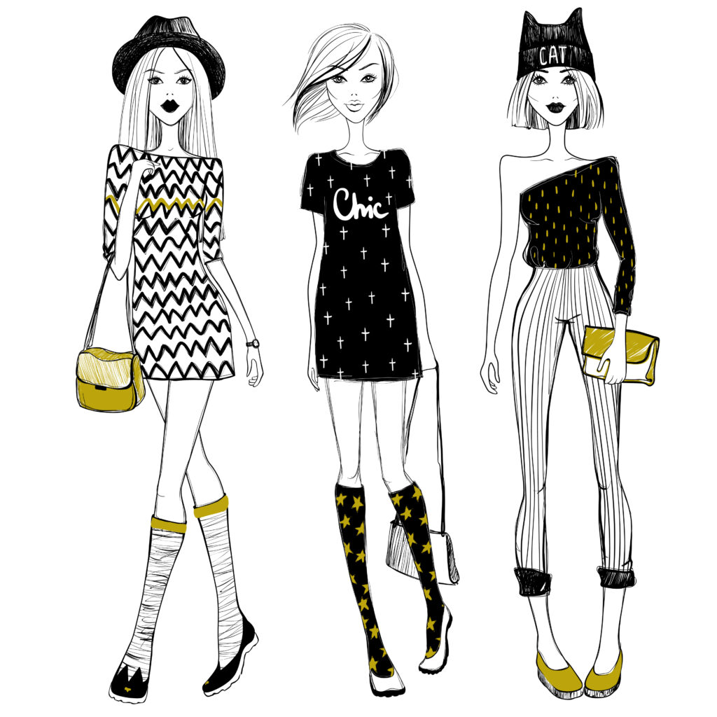 An image of three women in fashionable outfits, each using textured fabrics and patterns. One wears a zigzag-patterned dress, another a simple black dress with cross patterns, and the third a one-shoulder top with striped pants.