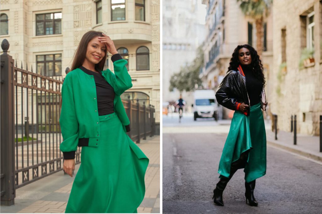 Two women confidently wearing green paired with black tops, show how copying other people's outfits can lead to bold, statement looks with a touch of personal flair.