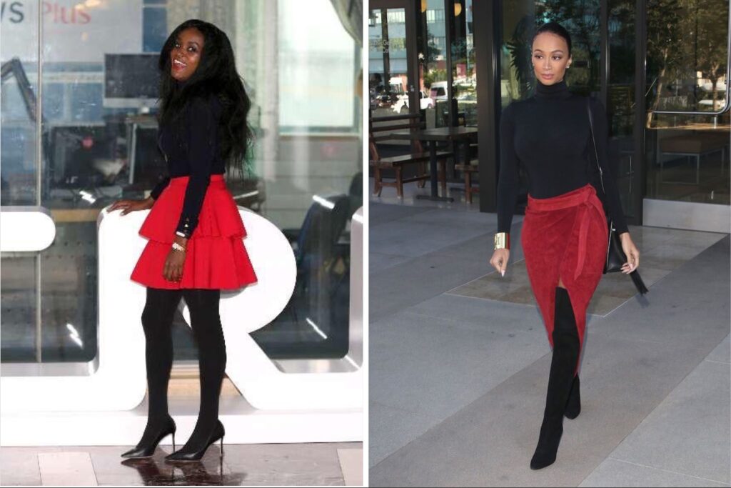 Two women dressed in red skirts paired with black tops. One opts for a flirty tiered red mini-skirt with black tights, while the other wears a sleek red wrap midi skirt with thigh-high black boots.