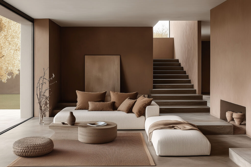 Minimalist living room with Mocha Mousse (Pantone's Colour of the Year 2025) walls, neutral furniture, and natural textures.
