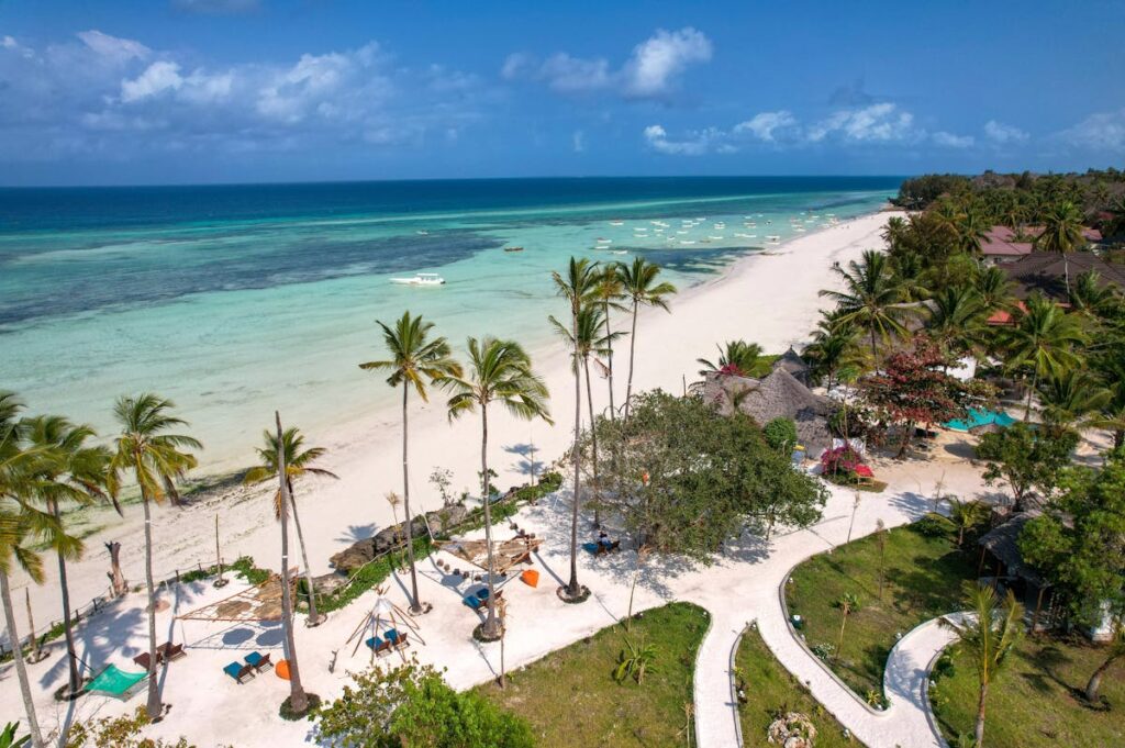 A pristine white sandy beach with turquoise waters and palm trees at Mnemba Island, Zanzibar, a peaceful and romantic getaway in Africa.