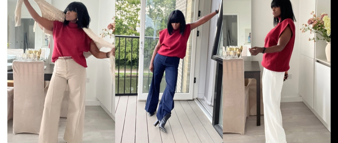A woman wearing a red knit top is shown in three different outfits that demonstrate how to style a red knit top for fall: one with a white tailored trouser, one with dark blue jeans, and one with a beige trousers and a trench sweater.