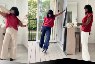 A woman wearing a red knit top is shown in three different outfits that demonstrate how to style a red knit top for fall: one with a white tailored trouser, one with dark blue jeans, and one with a beige trousers and a trench sweater.