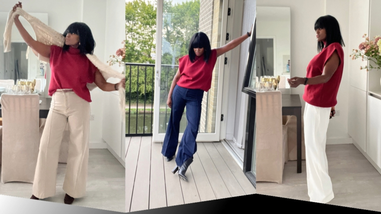 A woman wearing a red knit top is shown in three different outfits that demonstrate how to style a red knit top for fall: one with a white tailored trouser, one with dark blue jeans, and one with a beige trousers and a trench sweater.