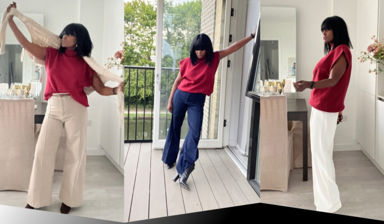 A woman wearing a red knit top is shown in three different outfits that demonstrate how to style a red knit top for fall: one with a white tailored trouser, one with dark blue jeans, and one with a beige trousers and a trench sweater.
