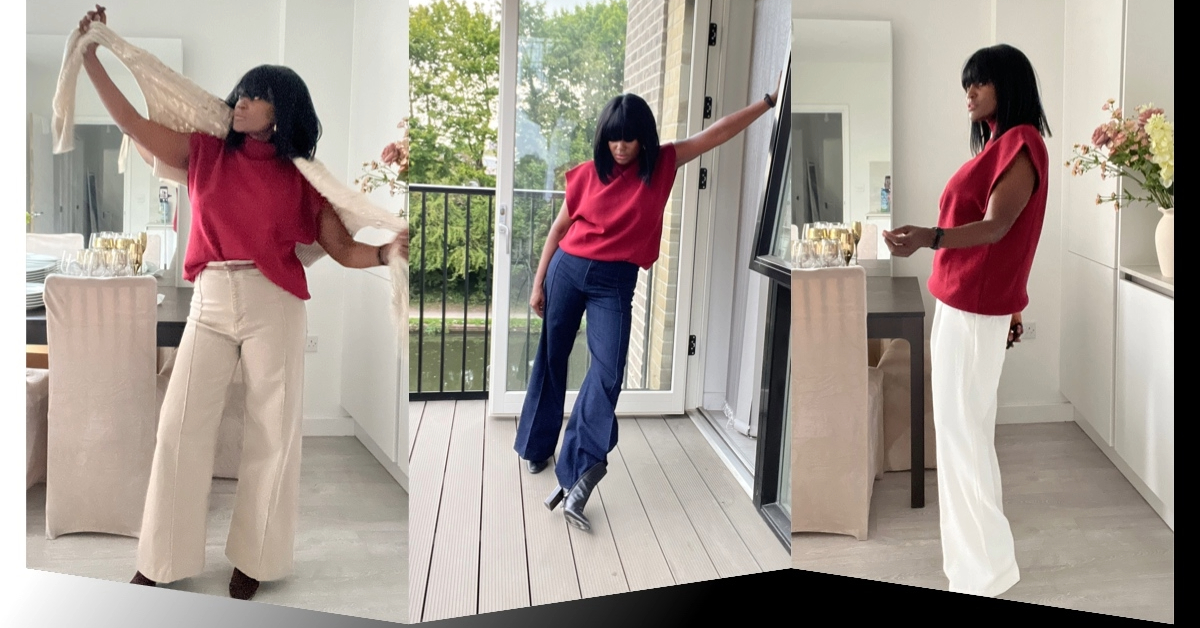 A woman wearing a red knit top is shown in three different outfits that demonstrate how to style a red knit top for fall: one with a white tailored trouser, one with dark blue jeans, and one with a beige trousers and a trench sweater.