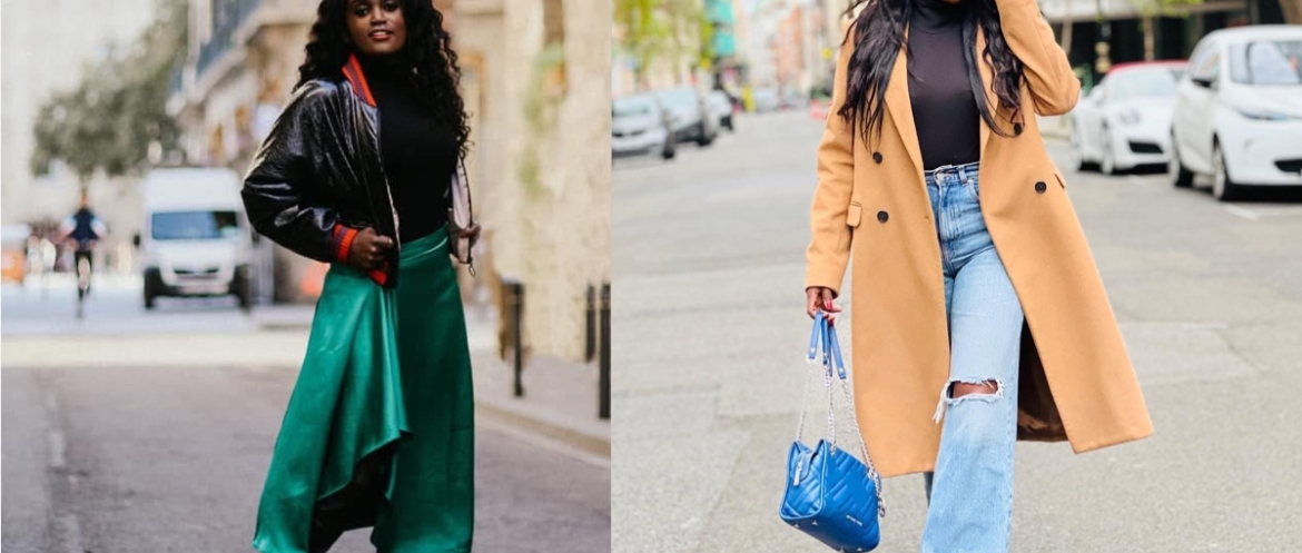 Two chic autumn capsule wardrobe outfits featuring a satin green skirt with leather jacket and a camel wool coat with denim.
