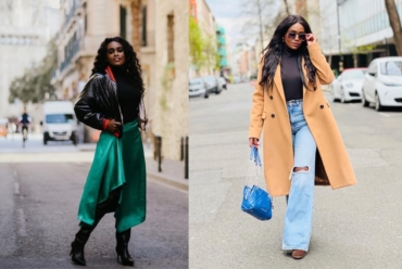Two chic autumn capsule wardrobe outfits featuring a satin green skirt with leather jacket and a camel wool coat with denim.