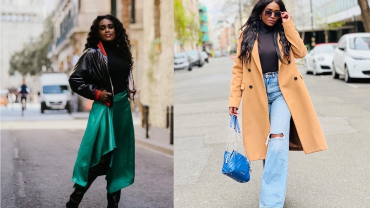 Two chic autumn capsule wardrobe outfits featuring a satin green skirt with leather jacket and a camel wool coat with denim.