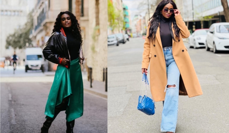 Two chic autumn capsule wardrobe outfits featuring a satin green skirt with leather jacket and a camel wool coat with denim.