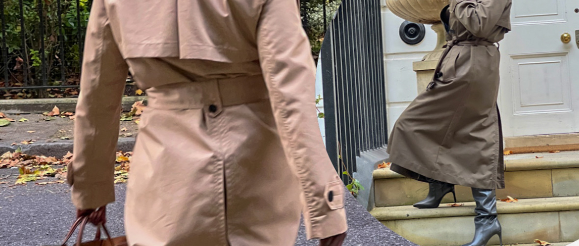 A woman wearing a flattering trench coat in beige and olive green, styled for autumn on a London street with fallen leaves.