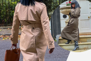 A woman wearing a flattering trench coat in beige and olive green, styled for autumn on a London street with fallen leaves.