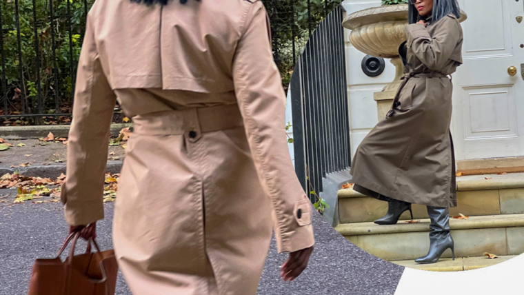 A woman wearing a flattering trench coat in beige and olive green, styled for autumn on a London street with fallen leaves.