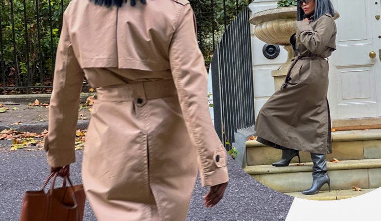 A woman wearing a flattering trench coat in beige and olive green, styled for autumn on a London street with fallen leaves.