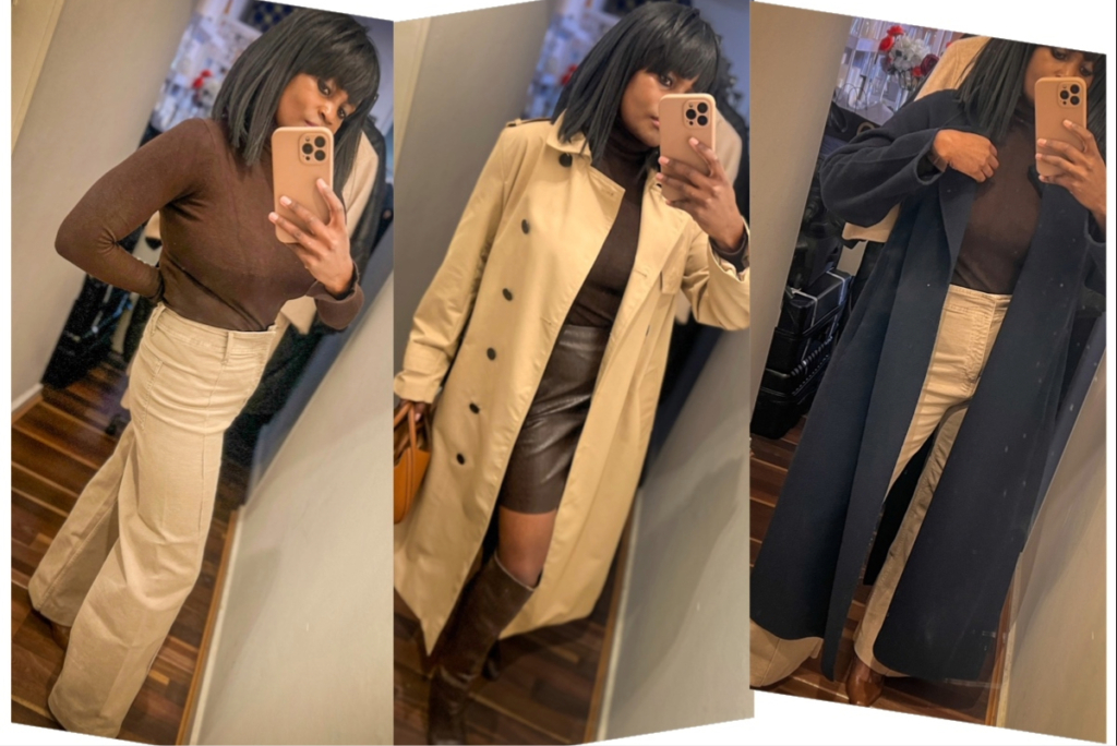 Collage of brown turtleneck outfits featuring a chocolate-brown fitted turtleneck styled with cream wide-leg trousers, a leather mini skirt and trench coat, and a long navy coat layered over cream trousers.