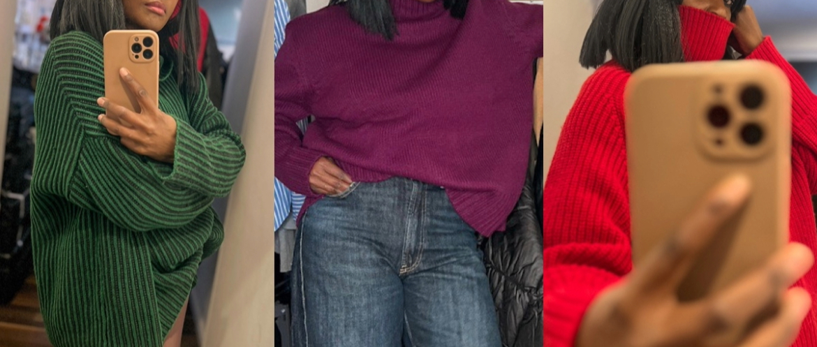 Collage of winter turtleneck outfits showing a green chunky turtleneck, a plum oversized turtleneck with wide-leg jeans and a red chunky turtleneck styled with a grey cap.