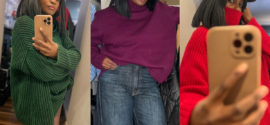 Collage of winter turtleneck outfits showing a green chunky turtleneck, a plum oversized turtleneck with wide-leg jeans and a red chunky turtleneck styled with a grey cap.