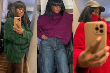 Collage of winter turtleneck outfits showing a green chunky turtleneck, a plum oversized turtleneck with wide-leg jeans and a red chunky turtleneck styled with a grey cap.