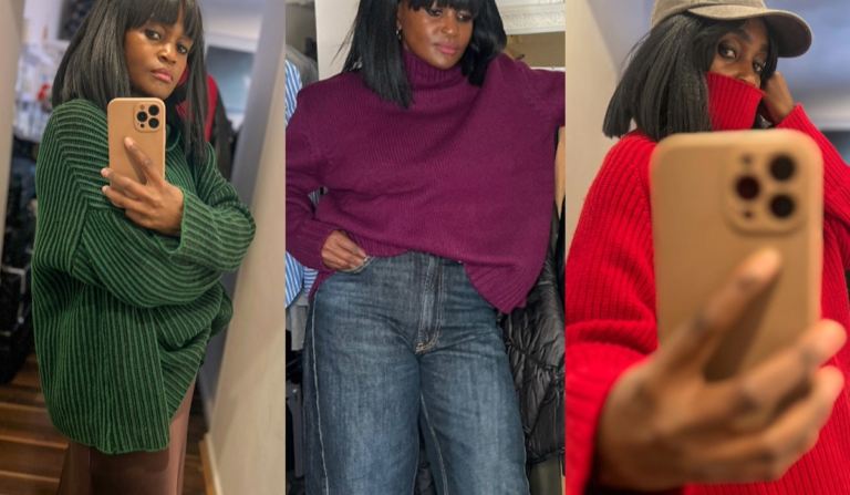 Collage of winter turtleneck outfits showing a green chunky turtleneck, a plum oversized turtleneck with wide-leg jeans and a red chunky turtleneck styled with a grey cap.