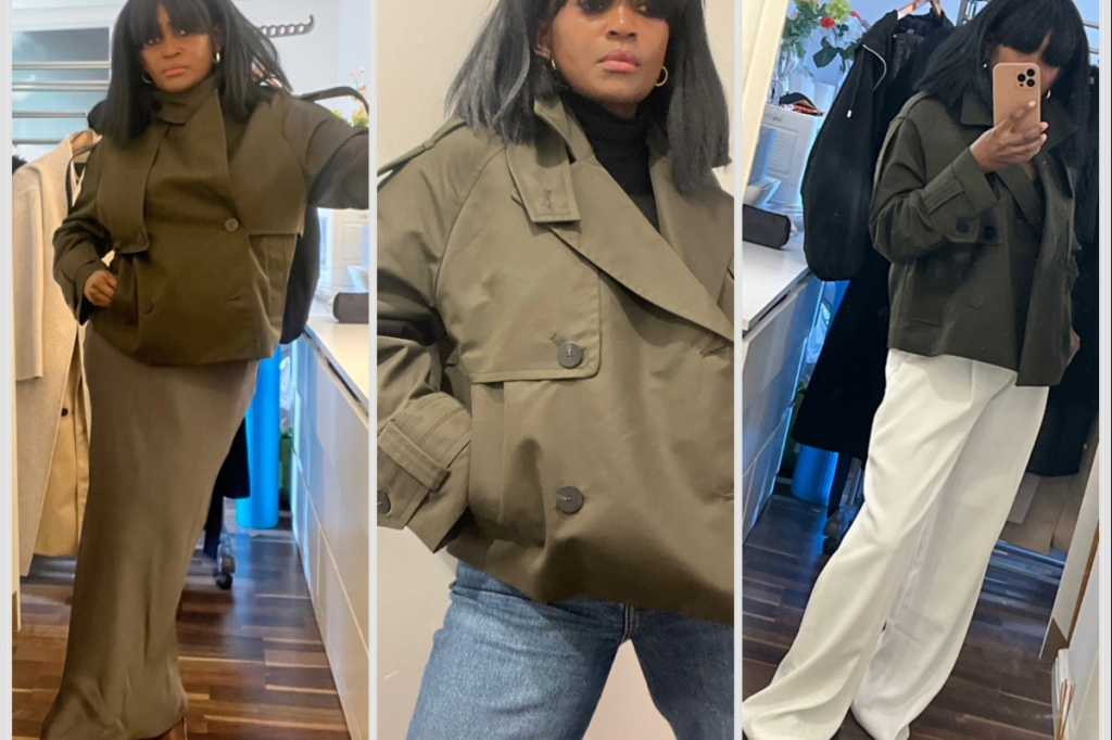 Three images of a woman wearing a deep green cropped trench coat styled with a satin skirt, blue jeans, and white wide-leg trousers indoors.