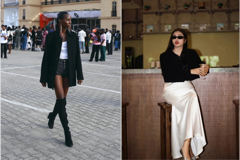 Two women with different personal styles, one in an oversized black blazer and boots, the other in a black jacket and white satin skirt