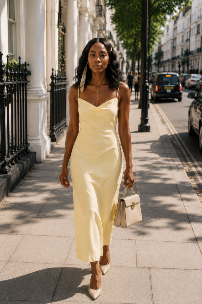 Woman wearing a butter yellow slip dress walking along a London street carrying a structured cream handbag on a sunny summer day.
