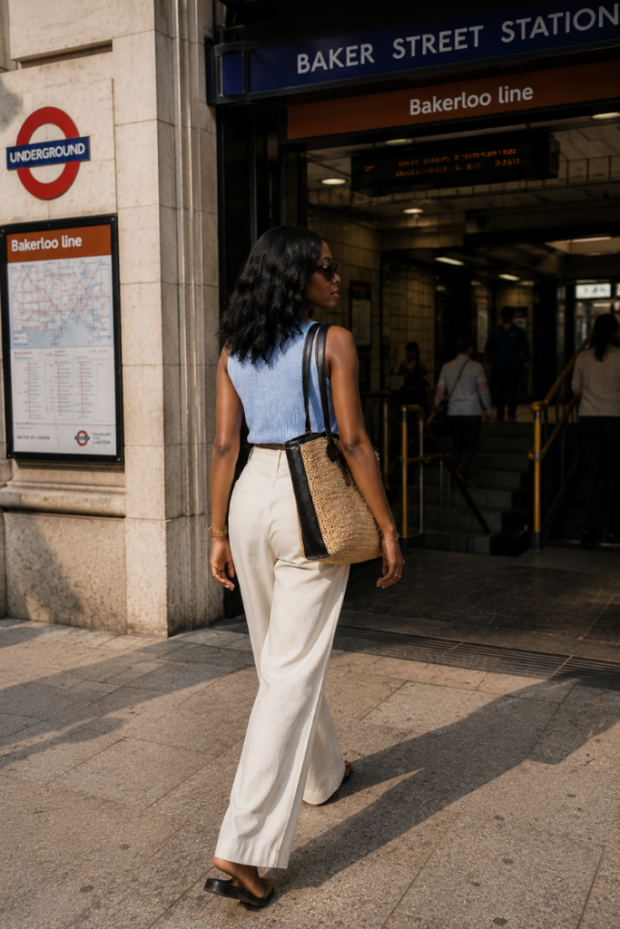 Woman wearing a light blue sleeveless top with white wide-leg trousers walking into Baker Street Underground station on a hot summer day in London.