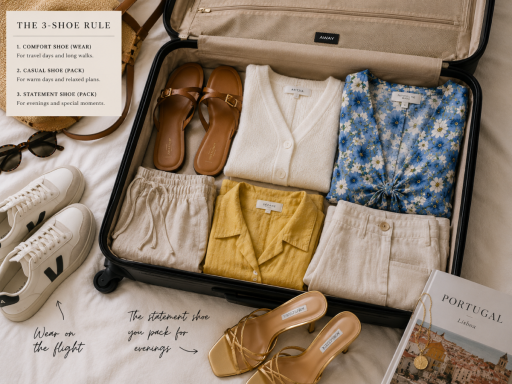 A neatly packed carry-on suitcase following the 3-Shoe Rule, featuring an ocean-blue floral dress, a yellow knit top, neutral clothing, brown leather sandals, elegant statement heels, and white trainers worn outside the suitcase for efficient summer travel packing.