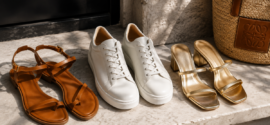 Three versatile travel shoes—a pair of leather sandals, white trainers and metallic heeled sandals—arranged in an editorial flat lay for the 3-Shoe Rule summer packing method.