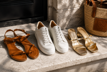 Three versatile travel shoes—a pair of leather sandals, white trainers and metallic heeled sandals—arranged in an editorial flat lay for the 3-Shoe Rule summer packing method.