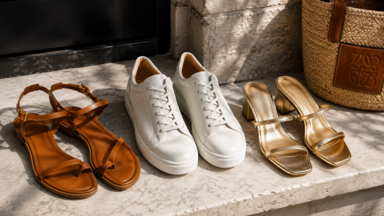 Three versatile travel shoes—a pair of leather sandals, white trainers and metallic heeled sandals—arranged in an editorial flat lay for the 3-Shoe Rule summer packing method.