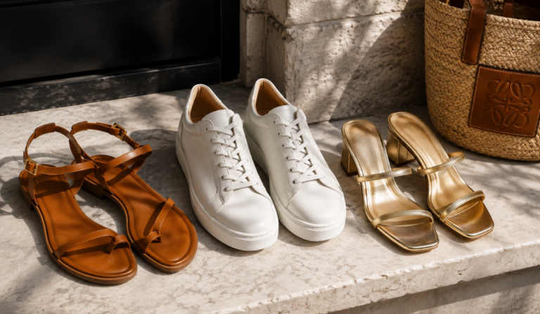 Three versatile travel shoes—a pair of leather sandals, white trainers and metallic heeled sandals—arranged in an editorial flat lay for the 3-Shoe Rule summer packing method.