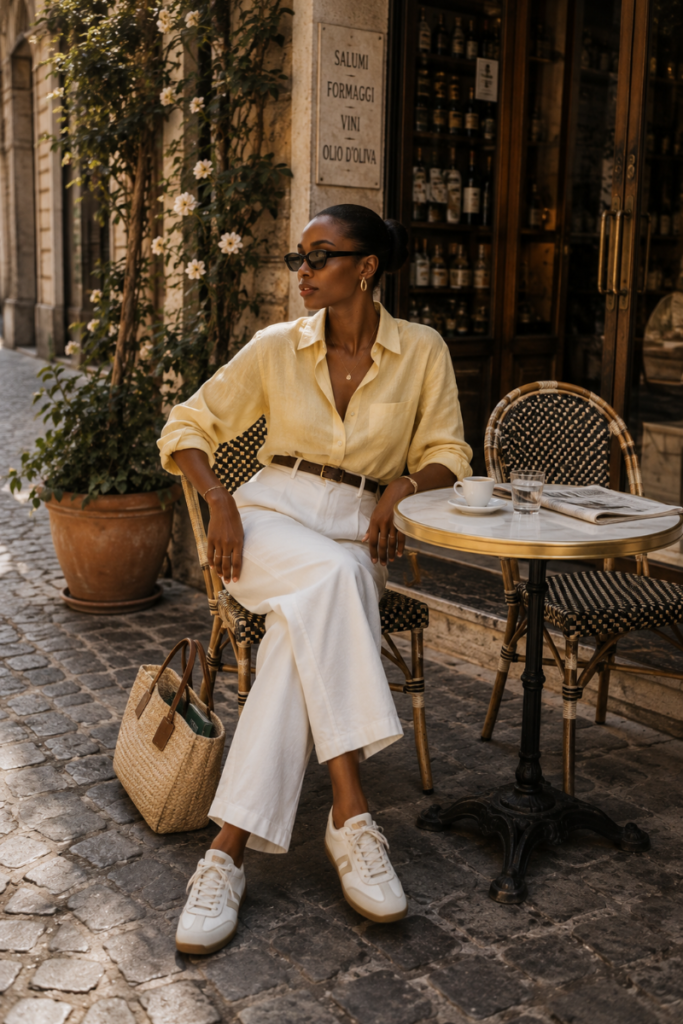 Stylish Black woman wearing white leather trainers with a linen shirt and tailored trousers at a European café, demonstrating the 3-Shoe Rule for effortless summer travel style.