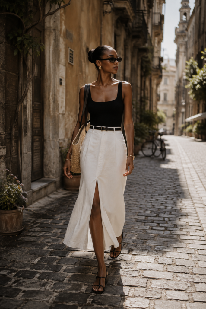 Stylish Black woman walking along a cobbled European street wearing flat leather sandals and a minimalist summer outfit, illustrating effortless travel style.